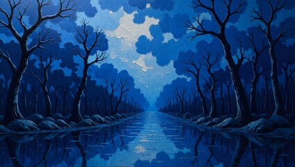 A tranquil night by the water under a blue sky