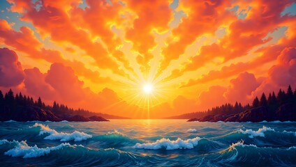Vibrant sunrise over a calm ocean with dramatic clouds