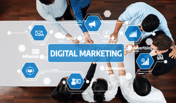 A diverse team collaborates on a digital marketing strategy in a modern office. The image captures concepts like social media and advertising, emphasizing teamwork and innovation. Amity