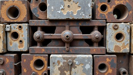 Abstract composition of weathered metal blocks with unique patterns