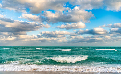 Romantic summer vacation at seascape. Sunset sea and seascape. Sea horizon view. Cloudy sky and seascape at summer vacation. Skyscape with sea horizon. Calm horizon with sea nature. Horizon at sunset