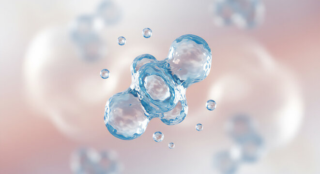 Blue water molecule cluster, hyaluronic acid hydration, 3D render cosmetic serum ingredient, skincare science background, moisturizing collagen