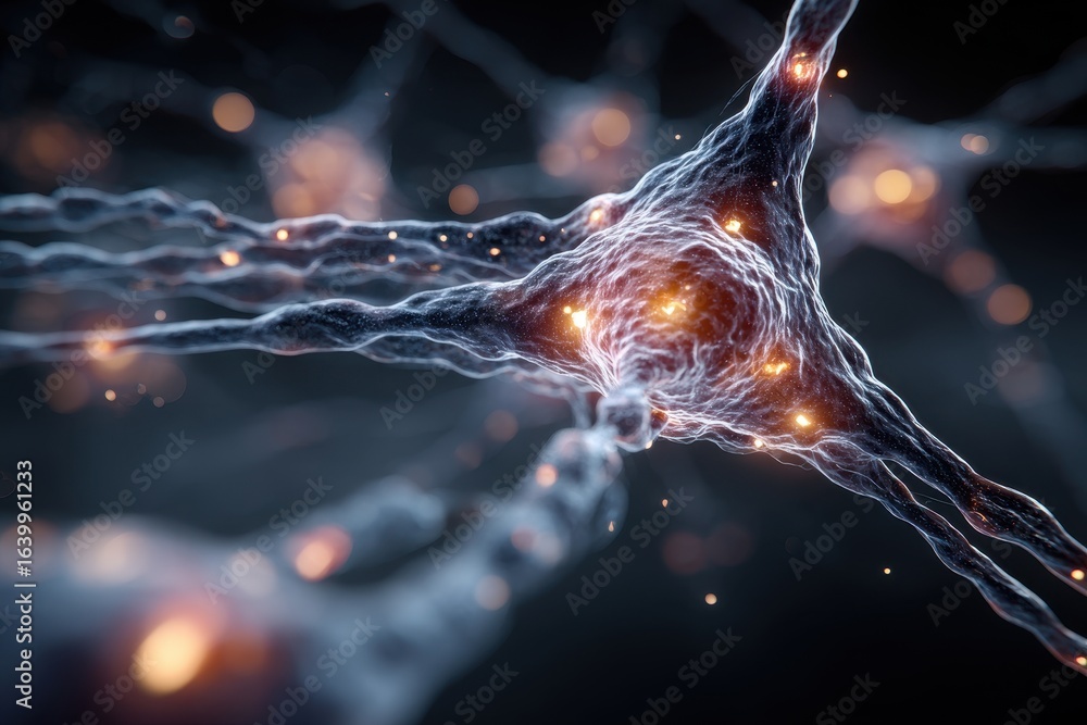 Poster microscopic view shows neurons connecting and firing in the brain to transmit signals