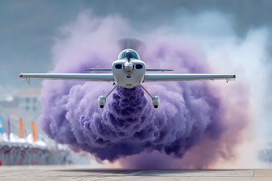 White aerobatic stunt plane with a spinning propeller releasing a dramatic cloud of purple smoke.