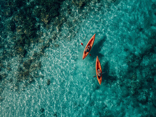 Aerial drone view of kayaks on turquoise ocean