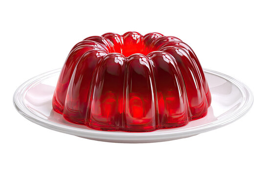Red gelatin dessert on white plate.  A round, translucent, vibrant red jelly mold sits on a simple white plate.  The jelly has a slightly raised.