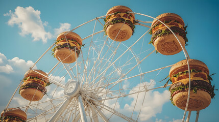 Ferris wheel cabins shaped as mini hamburgers with melting cheese