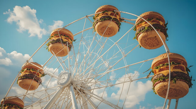 Ferris wheel cabins shaped as mini hamburgers with melting cheese