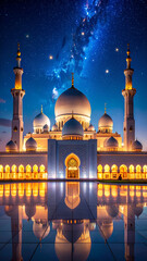 Grand Mosque with Night, Stars, and Reflection.