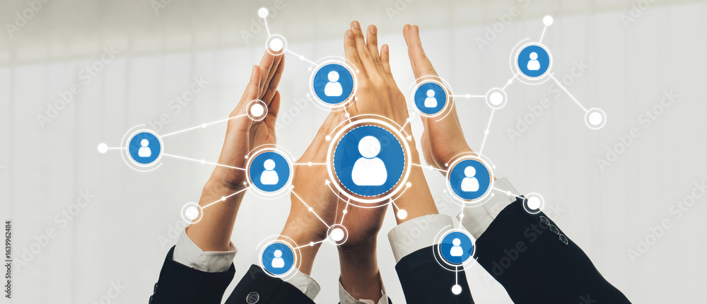 Poster Visual representation of hands coming together to symbolize collaboration and networking in a professional environment, emphasizing the importance of connection and teamwork. Amity