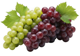 Fototapeta premium Fresh green and red grapes with leaves isolated on white isolated on transparent background
