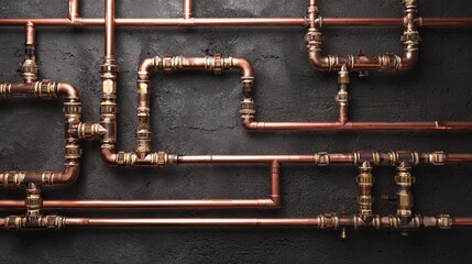Complex copper pipes and fittings against a dark, textured wall create a network of industrial art. Clean lines and connections.