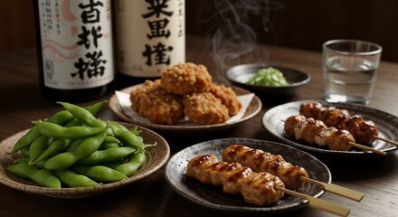Japanese izakaya-style bar snacks with moody relaxed mood, featuring edamame, karaage chicken, and yakitori skewers on ceramic plates with sake bottle in background