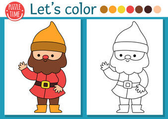 Fototapeta premium Pre-made coloring page for children with funny dwarf. Vector fairytale outline illustration with gnome. Fantasy forest color book for kids with colored example. Drawing skills printable worksheet