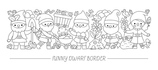 Vector black and white horizontal frame with dwarf, forest animals, houses, fairytale creature. Magic garden or woodland coloring page. Cute line fantasy border illustration with gnomes