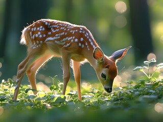 A young deer grazing peacefully in a lush forest