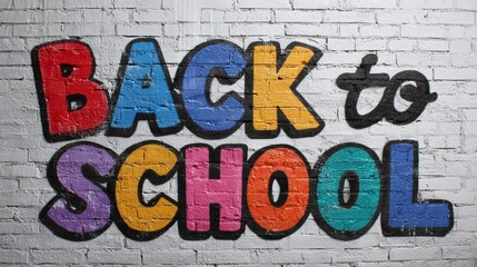 Colorful Back to School graffiti painted on a brick wall. Bright and cheerful sign for the start of the academic year. Welcoming message to students.