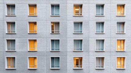 Facade of a building with a series of windows, some illuminated from within, creating a grid-like pattern on a light-colored brick wall.