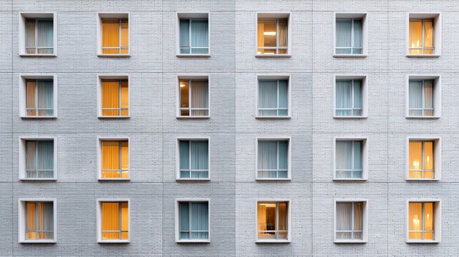 Facade of a building with a series of windows, some illuminated from within, creating a grid-like pattern on a light-colored brick wall.