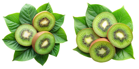 Fototapeta premium Two Kiwi Fruit Compositions with Green Leaves, Isolated on Transparent Background, High-Resolution Image, kiwi, fruit, leaves