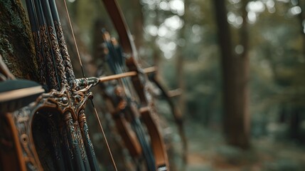 Close-up of an ornate fantasy bow with intricate bronze carvings and matching black arrows.