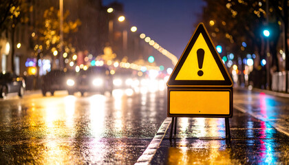 Night road warning sign with city rain.