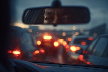 Close-up of man’s eyes in rearview mirror with blurred traffic jam and rain-covered windshield at dusk, urban driving and commute concept

