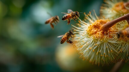 Fototapeta premium Close-Up of Bees Pollinating a Vibrant Flower in Nature's Garden