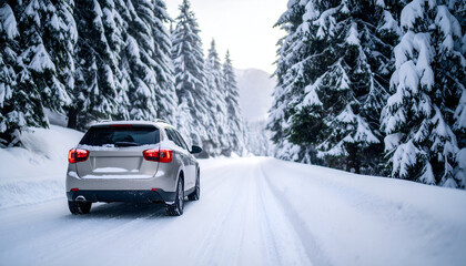 SUV on snowy mountain road.
