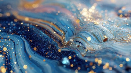 Blue and gold abstract art featuring swirling fluid textures and sparkling glitter elements