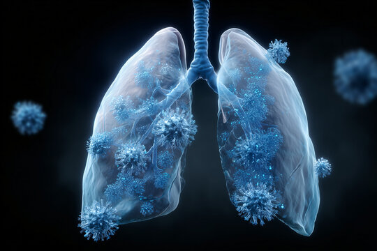Illustration of lungs infected with a virus, representing respiratory illness. The image highlights the impact of the virus on the respiratory system