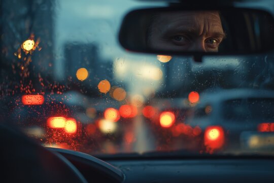 Close-up of man&rsquo;s eyes in rearview mirror with blurred traffic jam and rain-covered windshield at dusk, urban driving and commute concept

