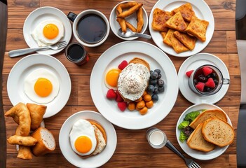 Overhead shot of delicious breakfast spread on cafe table, delicious, breakfast