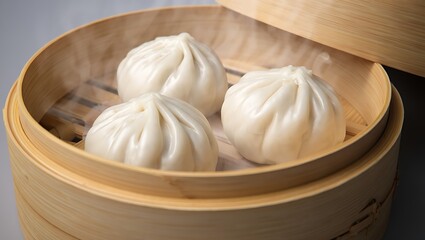 Steaming White Bao Buns in Bamboo Steamer steamed buns