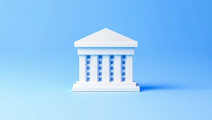 White Minimalist Bank Building Icon Light Blue Background