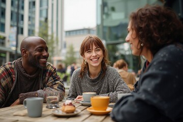 Fototapeta premium Friends enjoying coffee together at outdoor café, laughing and talking in relaxed social atmosphere, urban lifestyle and friendship concept