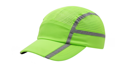 Bright neon yellow safety baseball cap with reflective strips isolated on transparent background