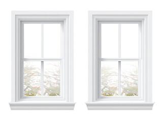 Obraz premium Two white framed windows with snow-covered exterior