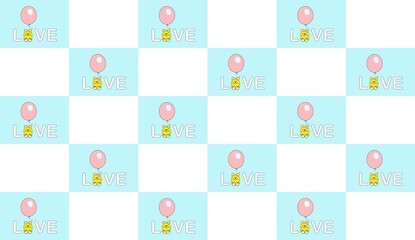 Love word, balloons and Teddy bear. Seamless pattern design. Children's colorful wallpaper, gift wrapping paper design. Valentines day, Christmas, Birthdays