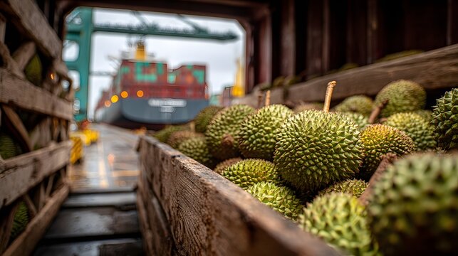 Durian Fruits in Cargo Hold with Container Ship Background