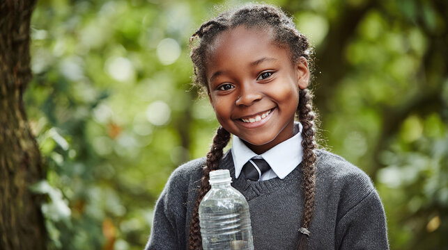 Smiling schoolgirl with braids holds a water bottle, promoting recycling and sustainability in an outdoor setting. Awareness for enviromental issues. - Powered by Adobe