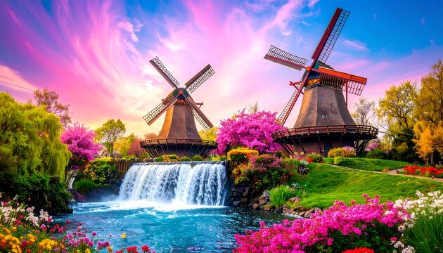 Colorful windmills waterfall garden landscape