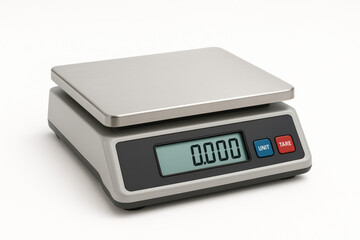 Modern compact digital postal scale with stainless steel weighing platform and clear LCD display, photographed on a pure white background for product presentation