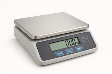 Modern compact digital postal scale with stainless steel weighing platform and clear LCD display, photographed on a pure white background for product presentation