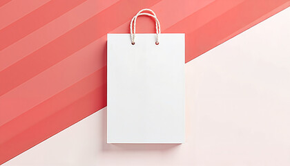 Blank white shopping bag on colorful striped background  