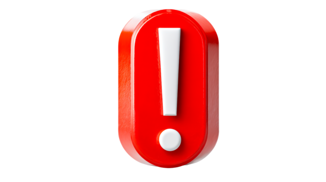 Red exclamation mark symbol with white dot on transparent background