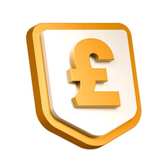Shield with pound sign isolated. Money protection concept. Gold shield with pound symbol. Safe payment of money, money guarantee, financial savings. 