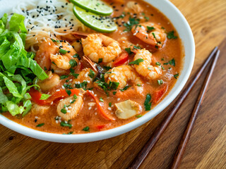 Tom Yum soup - Thai soup with shrimps, chicken and rice noodles on wooden table	