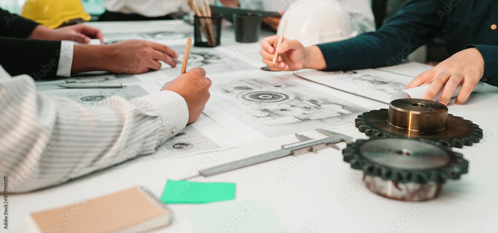 Poster a vibrant scene of engineers working together to create mechanical designs. they analyze sketches, d