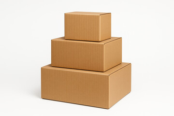 Stack of three brown corrugated cardboard boxes in different sizes, isolated on white background, realistic packaging concept for storage, shipping, and delivery projects
